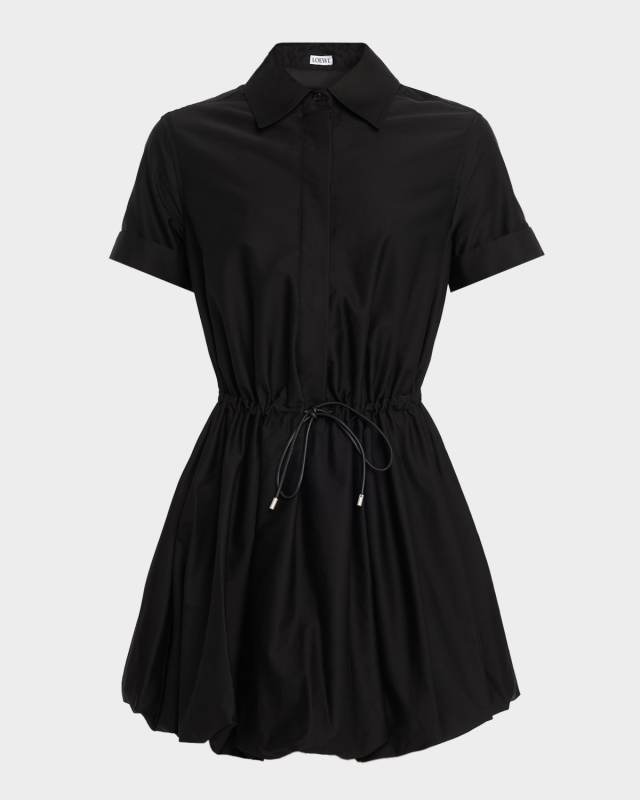 Short-Sleeve Cinched-Waist Mini Bubble Shirtdress